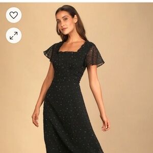 LULUs So Kiss Me Black Floral Print Swiss Dot Maxi Dress